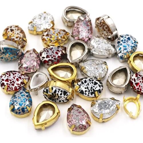New arrival Teardrop shape Glass Crystal rhinestones with sewing hollow base Copper rust sliver series for clothing/dress