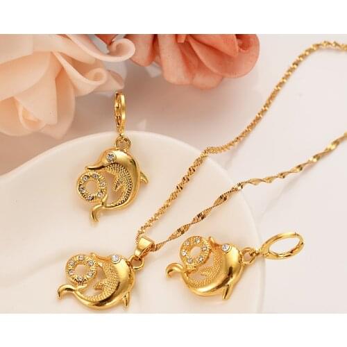 Png gold cz dolphin Pendants Animal pendant necklace earrings Fashion Jewelr sets For Women Accessories charms girl kids gift