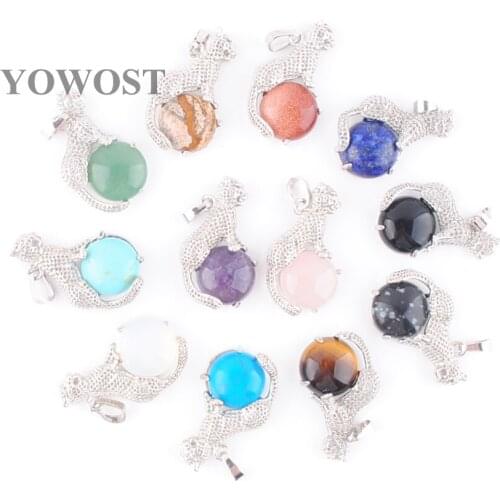 Random Mixed 5Pcs Natural Stone Round Bead Animal Leopard Pendulum Pendants for Necklace women Jewelry Party Gift QBN373