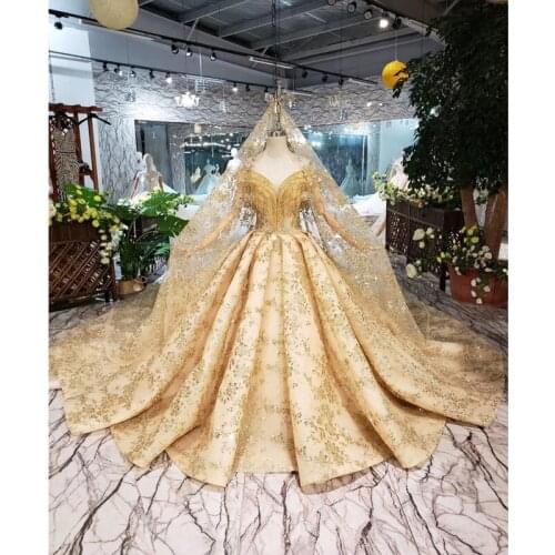 BGW HT42826 Golden Lace Wedding Dress With Wedding Veil V-neck Crystal Tassel Princess Bridal Dresses For Girl Vestidos De Novia