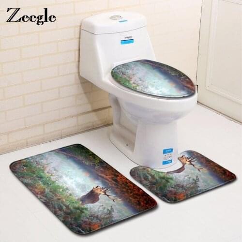 Zeegle Bathroom Mats Set Elk Printed Toilet Bath Carpet Non-slip Bathroom Floor Mats Lid Toilet Cover Shower Mats Bath Rugs