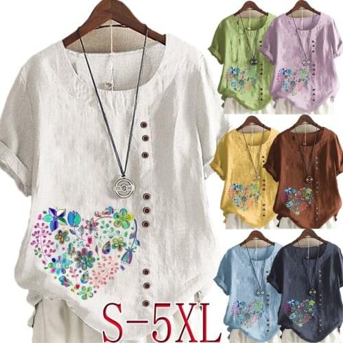Plus Size Short Sleeve Women T-shirt Summer Round Neck Heart Printed Tops Casual Loose Blouse
