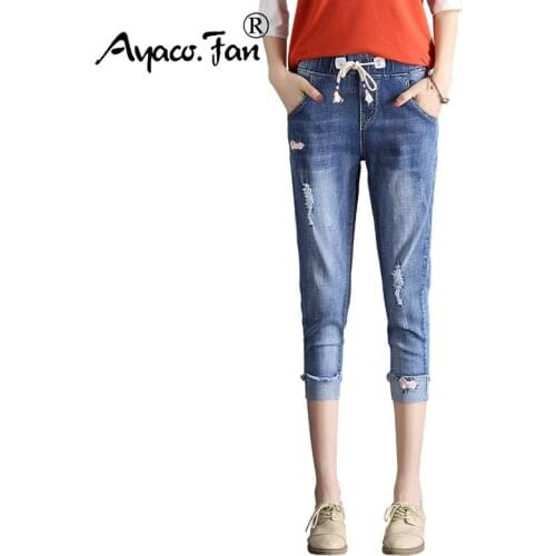 2019 Summer Autumn Women Calf-Length Cuffs Blue Jeans Students Stretch Straight Female Slim Harem Pants Denim Ladies Trousers