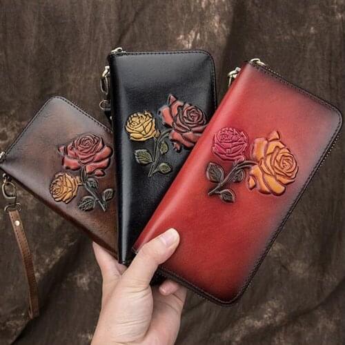Women Natural Skin Long Wallet Money Handy Bag ID Card Holder Embossed Floral Genuine Leather Zipper Clutch Wrist Bags Purse