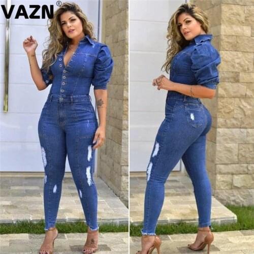 VAZN 2021 Hot Plus Size High-end Denim Jumpsuits Office Lady Sexy Young Half Sleeve Elegant Women High Waist Pencil Jumpsuits