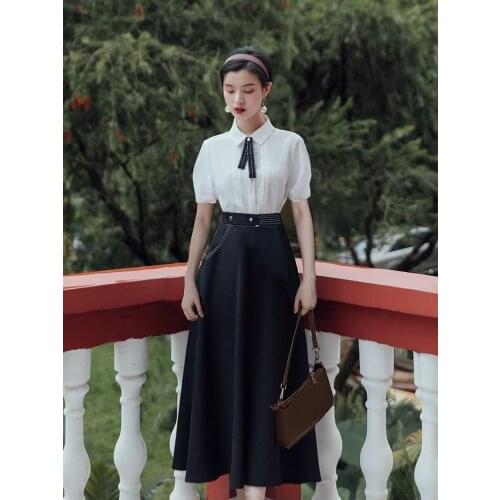 French Style Retro OL Two Piece Set Women Bow Cute Puff Sleeve White Shirt Top+Black High Waist Literary Skirt Suit