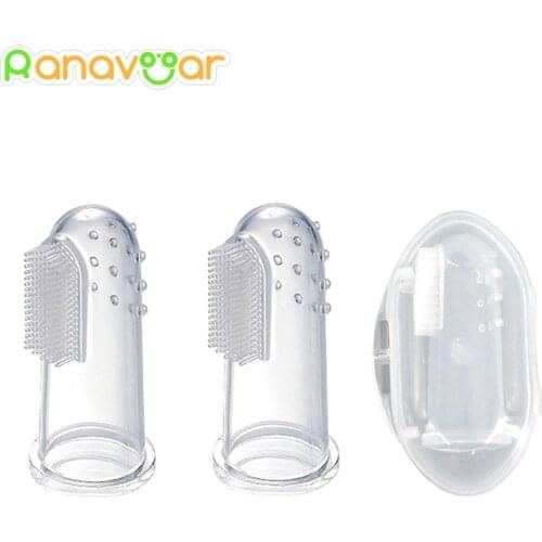 2Pcs Baby Toothbrush With Case Dust Shield Infant Soft Safe Silicone Finger Teeth Rubber Clean Massager Training Brush Set
