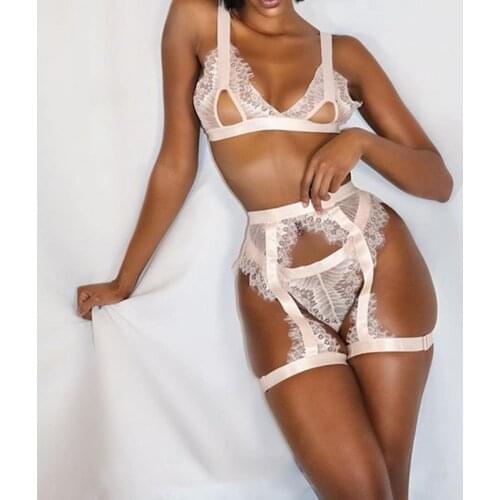 2021 Sexy Erotic Lingerie Womens Underwear 3 Piece Sets See-Throught Mesh Lace Push Up Bra+High Waistband+Panty Nightwear Suit