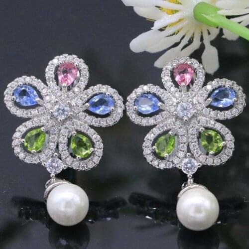 37x17mm Hot Sell Created Pink Tourmaline White CZ Ladies Party Silver Earrings