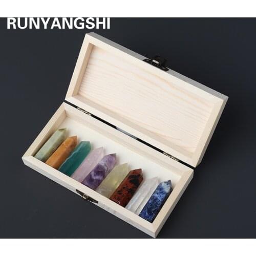 9pcs/set Natural crystal magic wand Amethyst Rose Quartz Healing Stone crystal point gift wooden box DIY