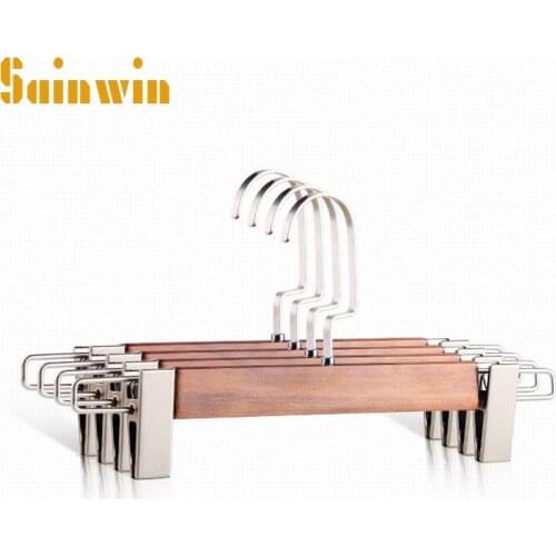 Sainwin 5pcs/lot wood hangers for clothes rack wooden and sponges trousers clips hanger stainless steel clip