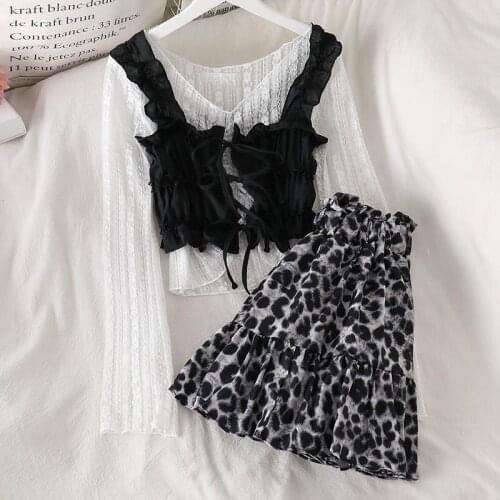 3 Pieces Women Dress Sets Autumn New Design Street Style Lace Blouse + Vest + Leopard Skirts Female Clothing Suits