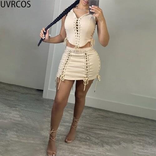UVRCOS 2 Piece Sets Womens Outfits Summer New Trendy 2021 Fashion Womens Hollow Out Bandage Hoodied+Tight-fitting Straight Skirt