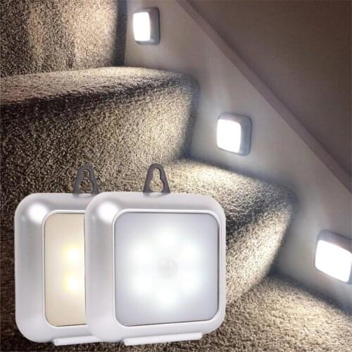 6 LED Square Motion Sensor Night Lamps Battery Powered Smart Induction Under Cabinet Light Kitchen Bedroom Stairs Toilet Lamps