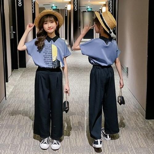 Girls Summer Clothes Set 2021 New Fashion Letter Top Wide Leg Pants Two-piece Suit for Kids Tracksuit 4-14 Years Children Outfit