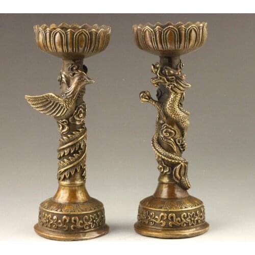 17,8 cm */artesanía de metal con par de candelabros de bronce Fénix y dragón fino hecho a mano chino