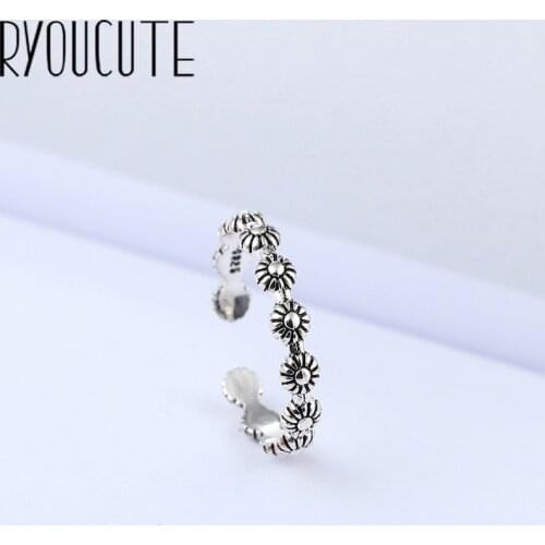 Fashion Retro Real Silver Color Flower Rings for Women Wedding Jewelry Punk Antique Adjustable Size Finger Big Ring
