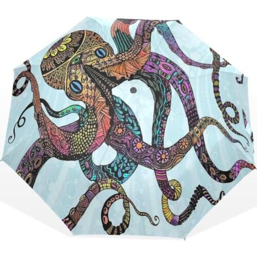 Fashionable Watercolor Octopus Multi Color Animal Pattern Umbrella Children Ocean Beach Fully Automatic Rain Umbrella 3 Folding