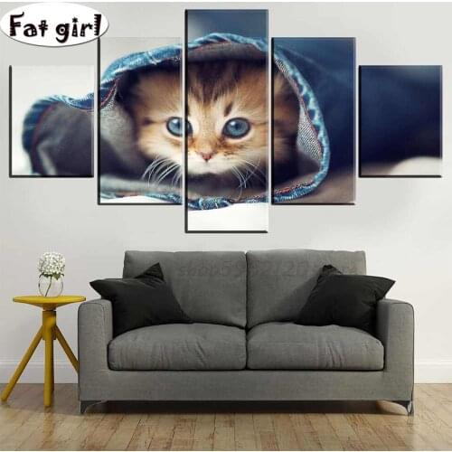 5pcs DIY Diamond Painting Cat hiding in pants Cross Stitch Kits Full Diamond Embroidery Cute and cute animal 5D Diamond Mosaic