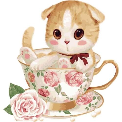 DIY Painting By Numbers Cute Mini Teacup Cat Animal Wall Art Canvas Painting Home Decor For Living Room Unique Gift Artwork