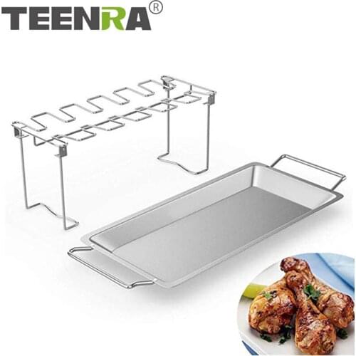 TEENRA Chicken Leg Rack BBQ Chicken Holder Grill With Drip Pan Stainless Steel Chicken Wing Rack Stand Non-stick BBQ Tools