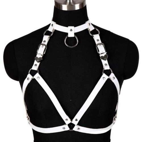 Adjust Sexy Women Leather Harness Bust Belt White Bra Steampunk Goth Rivet Crop Tops Night Costume Gift Plus Size Underwear
