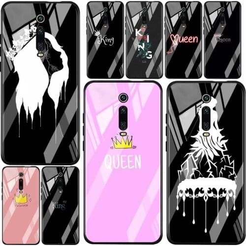 King Queen Couple Lover For Xiaomi Redmi K40 K30 K20 9T 9C 9A 9 8A 7 Pro Plus Tempered Glass Luxury Cover Phone Case