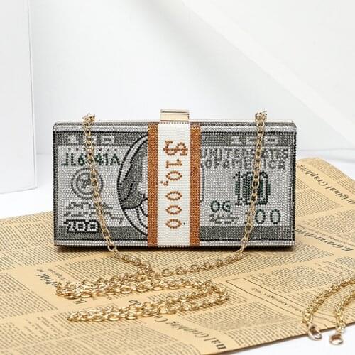 Luxury $100 Dollars Rhinestone Crystal Money Bag Clutch Evening Bag Purse Crystals Bling Money Bag Rhinestone Money Purse