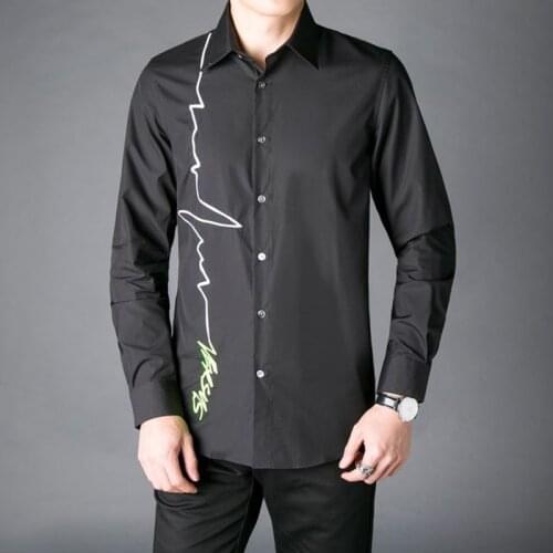 Europe Fashion Brand Men Shirt Elegant Line Embroidery Long sleeve Slim Camisas social masculina Solid Casual Shirts man 2019