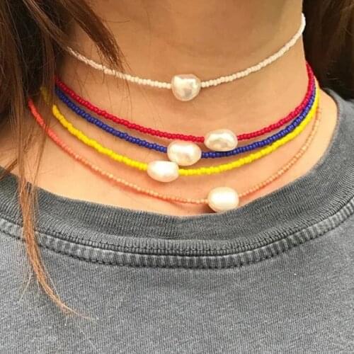 Handmade simple natural freshwater pearl choker necklaces for women bohemian boho summer colourful beaded necklace jewelry