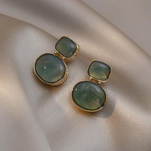 Vintage Green Geometric Opal Stud Earrings for Women Korean Trendy Elegant Simplicity Jewelry Female Delicate Square Ear Studs