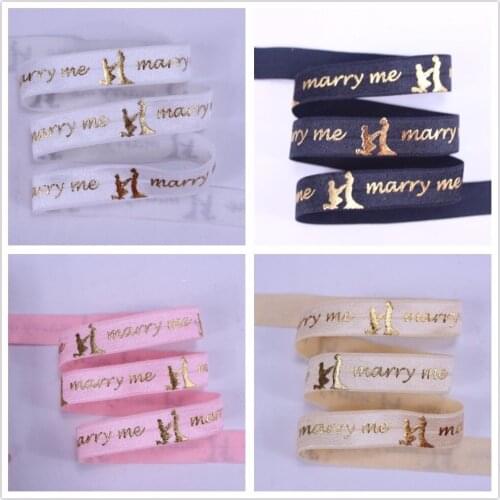 Valentine foe 5/8''gold foil print foe Marry me print fold over elastic FOE 5 colors for wedding 50 yards