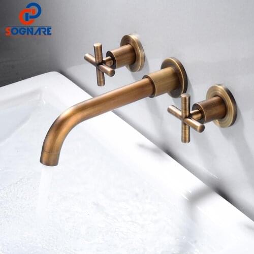 SOGANRE Contemporary Bathroom Faucet for Bathroom Basin Faucet Antique Brass Wall-Mount Hot Cold Basin Mixer Tap Swivel Spout