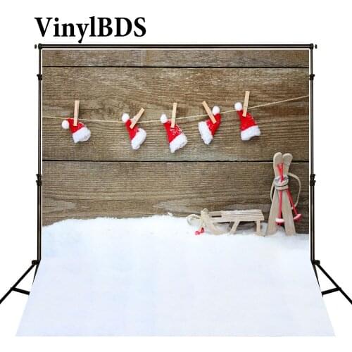 VinylBDS Christmas Background Winter Snow Floor Sled Scenery backdrops Red Hat Wood Wall Backgrounds for photo Studio