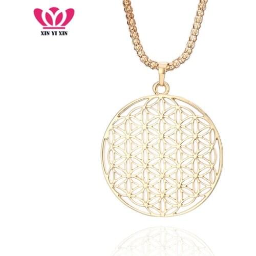 Vintage Big Round Hollow Flower Pendant Necklace Gold Popcorn Chains Long Necklace For Women Sweater Jewelry Party Gifts New