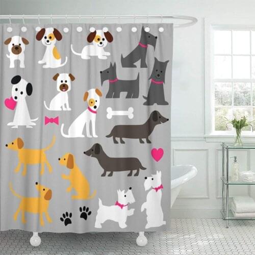 Cute Dog Clip Terrier Bull Heart Paw Puppies Shower Curtain Waterproof Polyester Fabric 60 x 72 Inches Set with Hooks