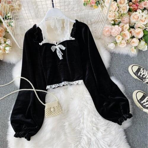 Womens T-Shirt Sexy Halter Black Lace Patchwork Short Tee for Women Casual Puff Sleeve Female Top New Fashion Autumn Winter