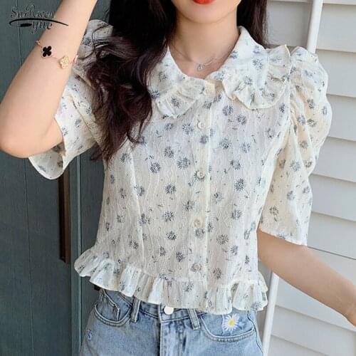 2021 Summer Half Sleeve Printing Women Shirts Button Up Peter Pan Collar Women Blouse Fashion Sweet Women Clothing Blusas 14792