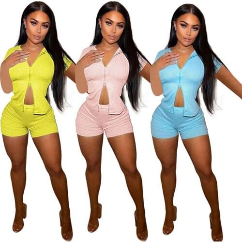 Pink/Yellow/Blue Solid Women Two Piece Set Summer Ribbed Zipper Up Short Sleeve Top+Shorts Casual Fitness Sports Wear S-XXL
