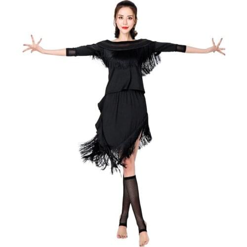 Women Summer Black Latin Dance Dress Short-sleeve Latin Dance Tassel Dress For Women Female Ballroom Tango Cha Cha Rumba Costume