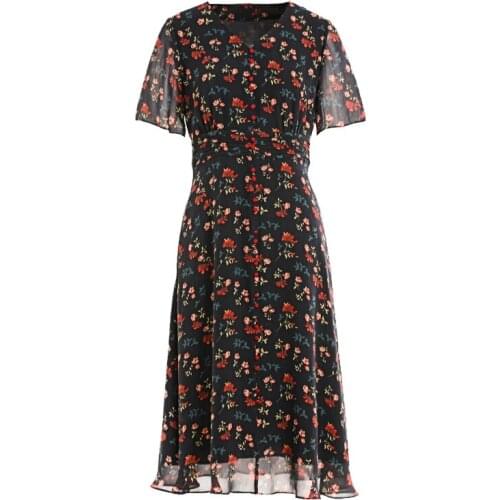 Gowani Woman Dress Real Silk Fashion Vintage Floral Printed V-neck Button Through Summer Midi Silk Dress With Pleated Detail