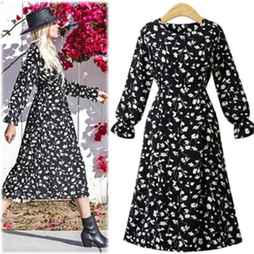 Spring Autumn Plus Size Floral Chiffon Dress Women O-Neck Long Sleeve Elastic Waist Ladies Long Dress vestidos Clothing