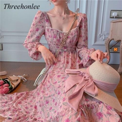 Pink Elegant Floral Women Korean Dress 2021 Spring Autumn Fashion New Female Casual Sweet Print Chiffon Party Midi Dress