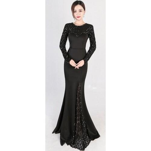 Corzzet Elegant Women Fashion Black Sequined O-Neck Long Sleeve Side Slit Long Mermaid Formal Party Club Dress