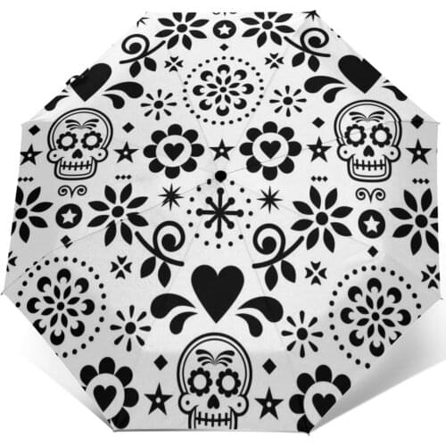 Wind Resistant Fully-Automatic Umbrella Sugar Skull Black And White Print Rain 3 Folding Parasol Travel Car Umbrella