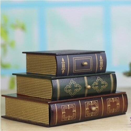 1 pcs Antique Book Design Wood Wooden Jewelry Box Classic 3 drawer 3-Stack Books Set Design