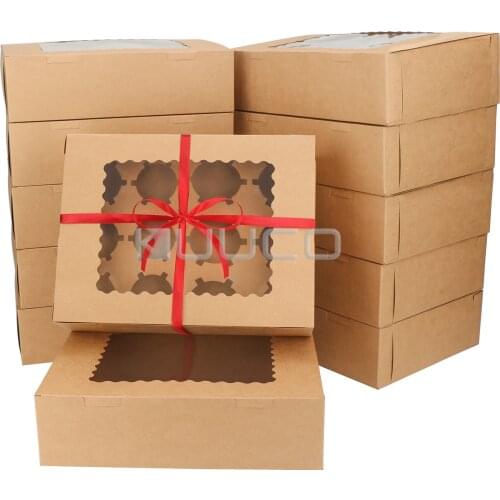 12pcs Cupcake Packing Box 12 Holes Muffin Biscuit Pastry Box Kraft Paper Box Cake Chocolate Dessert Baking Containers with Ropes