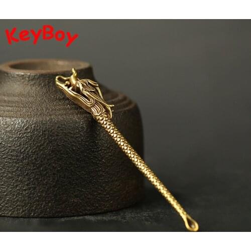 Brass Dragon Head Ear Pick Keychain Pendant Accessories Vintage Chinese Copper Earpick Cleaners Keyrings Hangings Jewelry Gifts