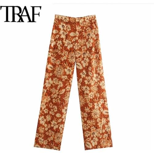 TRAF Women Fashion Patch Pockets Printed Straight Pants Vintage High Waist Zipper Fly Female Trousers Mujer
