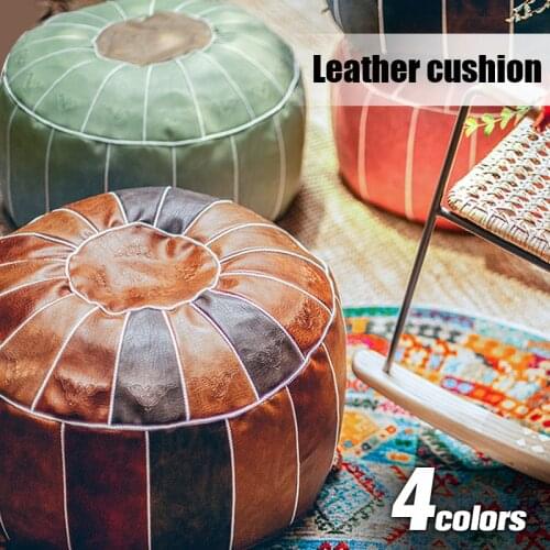Decorative Moroccan Artificial Large PU Leather Pouf Embroider Craft Hassock Ottoman Footstool Living Room Unstuffed Cushion